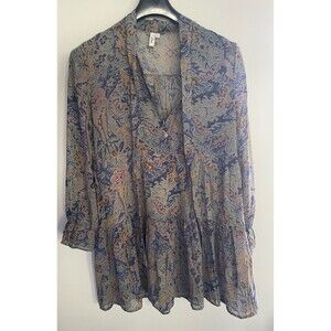 Women's ELAN Tie Neck Long Sleeve Tiered Mini Dress Dress Blue/Multi Size Size L